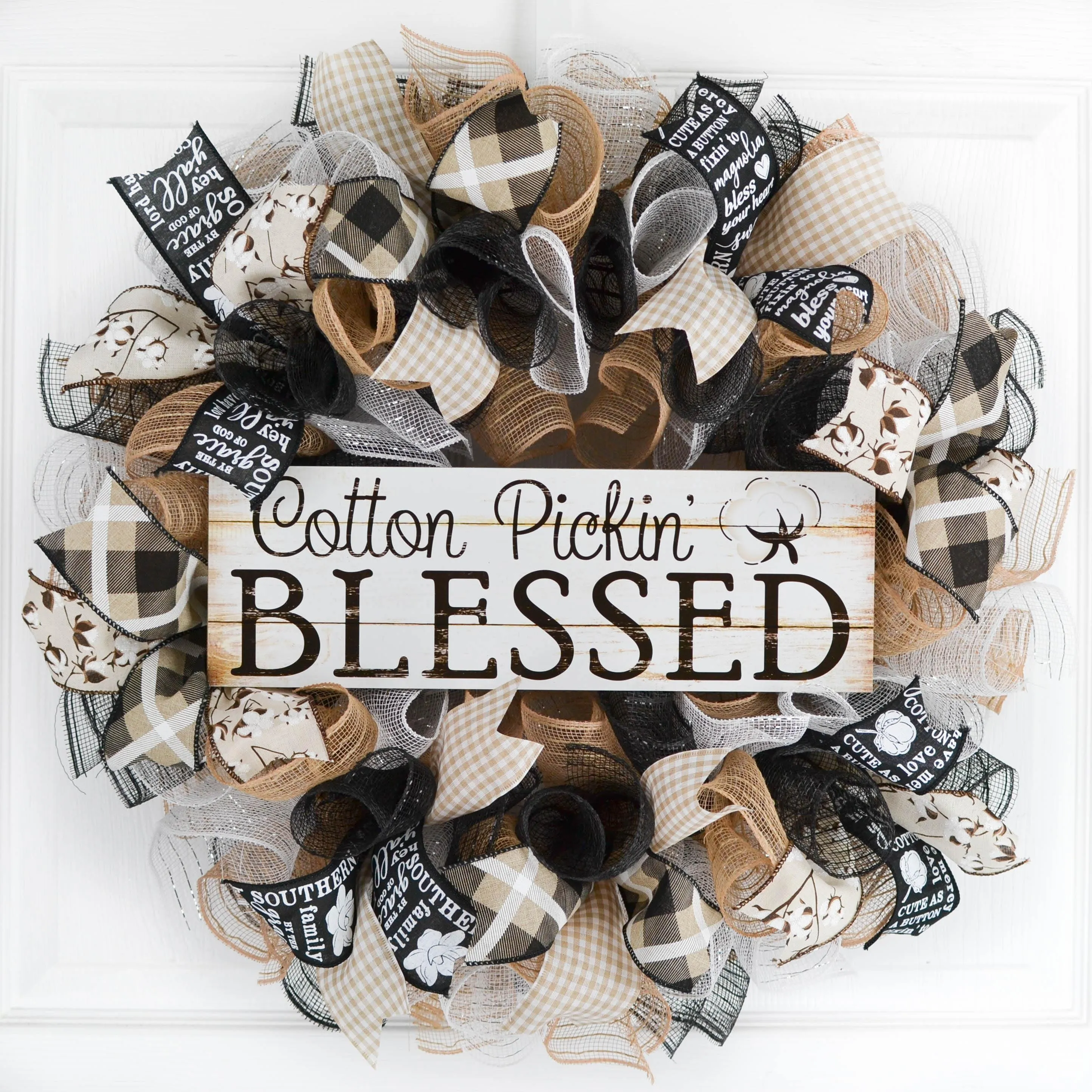 Cotton Pickin Blessed Wreath - Southern Black Ivory Farmhouse Burlap Spring Decor